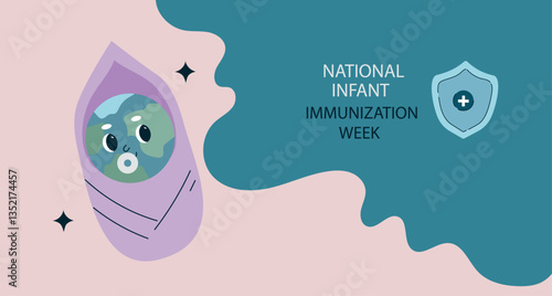 Smiling earth globe character.  National infant immunization week, vaccination campaign benefit for public health protection concept. vector cartoon illustration