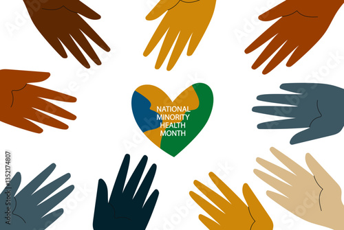 national minority health month banner. national health month. Diverse hands symbolizing equity, support and well-being for healthcare promotion.  vector illustration