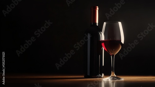 A beautifully lit bottle of red wine next to an elegant glass, with a black background and soft, fading shadows enhancing the richness of the composition.