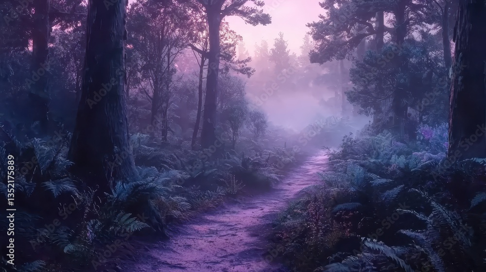 Obraz premium Mystical path winding through a fern-filled forest bathed in soft, ethereal hues of pink and purple, creating a serene and dreamy ambiance.
