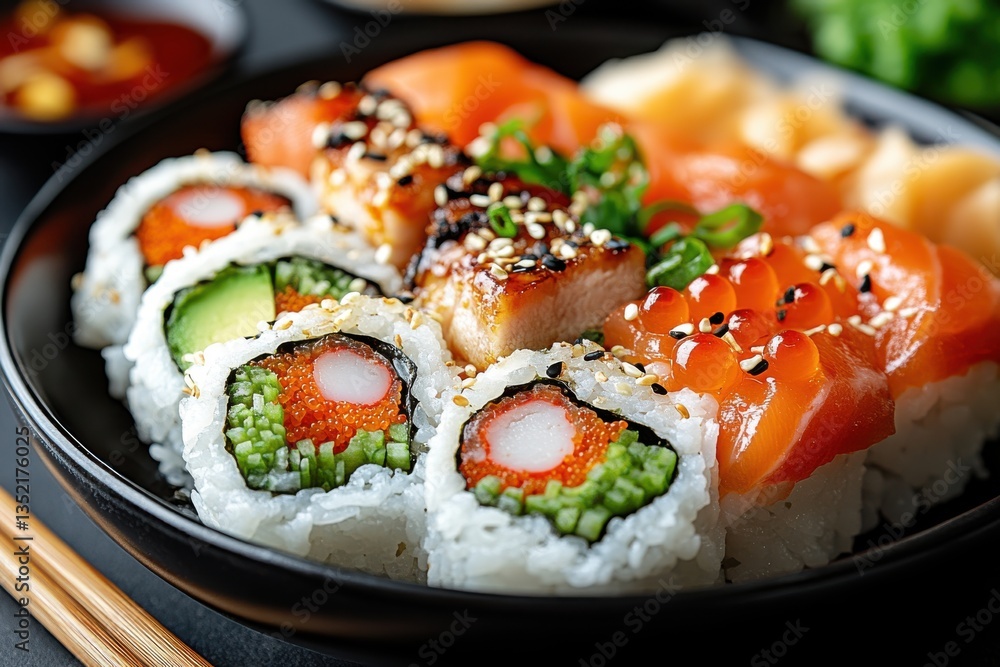 Delight your senses with an artistic display of vibrant sushi, showcasing a fusion of flavors and textures in a serene culinary presentation Delight your senses with an artistic display of vibrant sushi, showcasing a fusion of flavors and textures in a serene culinary presentation
