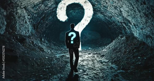 Man facing mystery in cave, question mark, conceptual