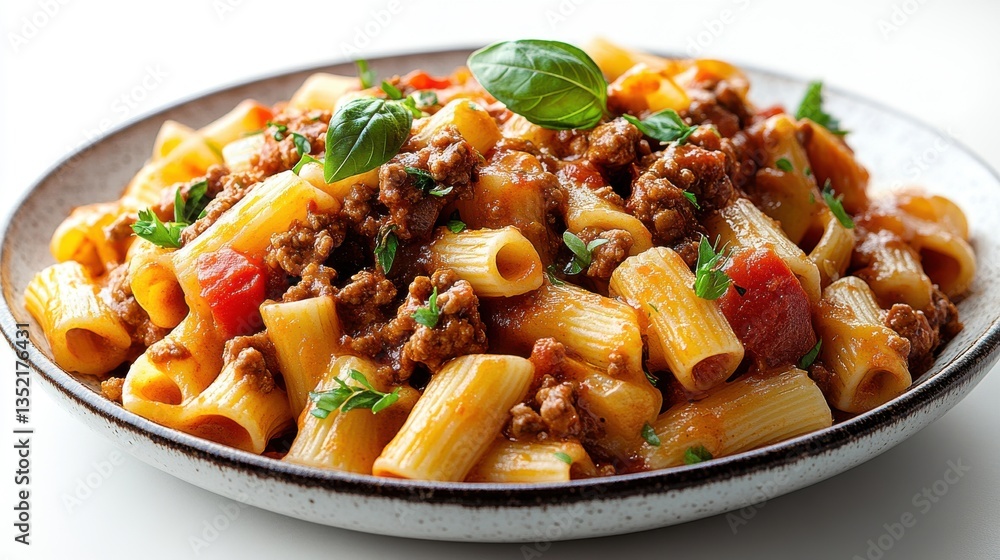Indulge in a rich plate of bolognese pasta featuring tender rigatoni, vibrant tomatoes, and fresh herbs on a pristine white background Indulge in a rich plate of bolognese pasta featuring tender rigatoni, vibrant tomatoes, and fresh herbs on a pristine white background