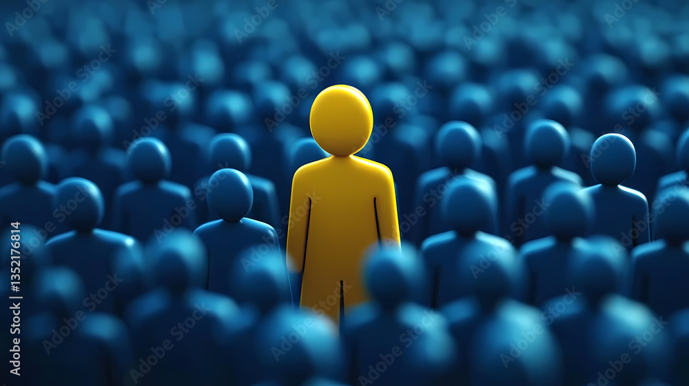 Fototapeta premium Yellow Figure Standing Among Blue Crowd
