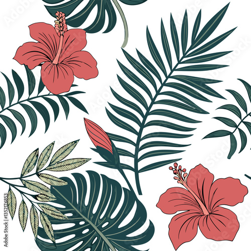 Lush Tropical Floral Pattern Hibiscus Flowers and Palm Leaves Seamless Design