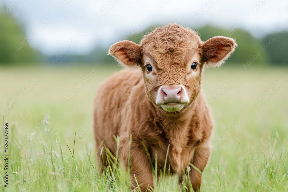 A fluffy brown calf standing in the green grassy field A fluffy brown calf standing in the green grassy field