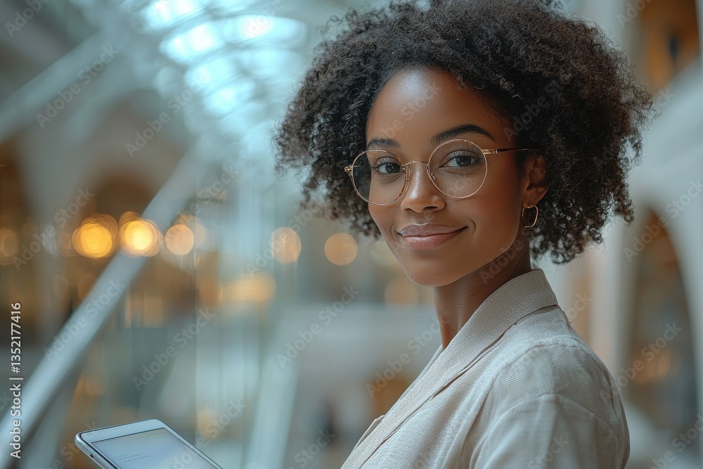 Obraz premium Confident young professional woman with glasses holding a tablet indoors