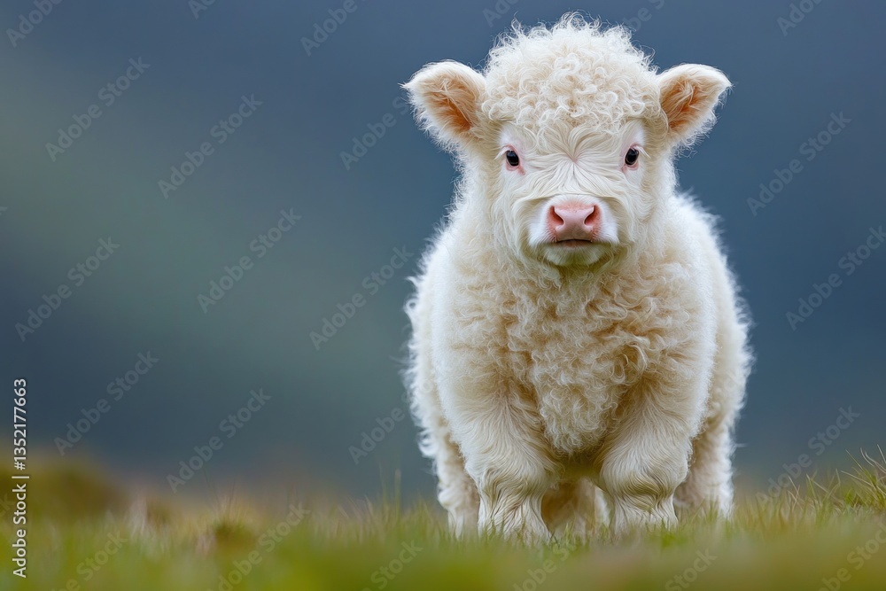 Fototapeta premium A Cute Fluffy Calf Standing on Green Grass in Daytime