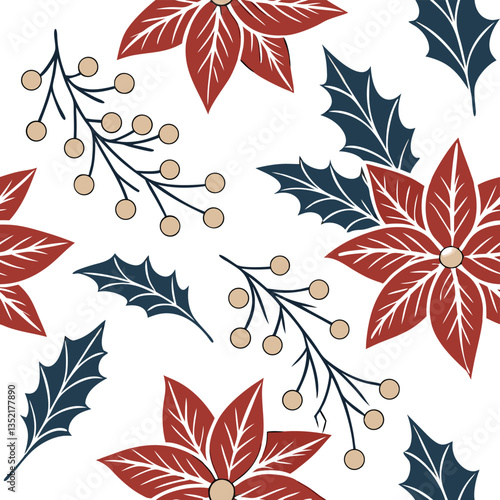 Festive Christmas Poinsettia and Holly Seamless Pattern Design for Winter Holidays