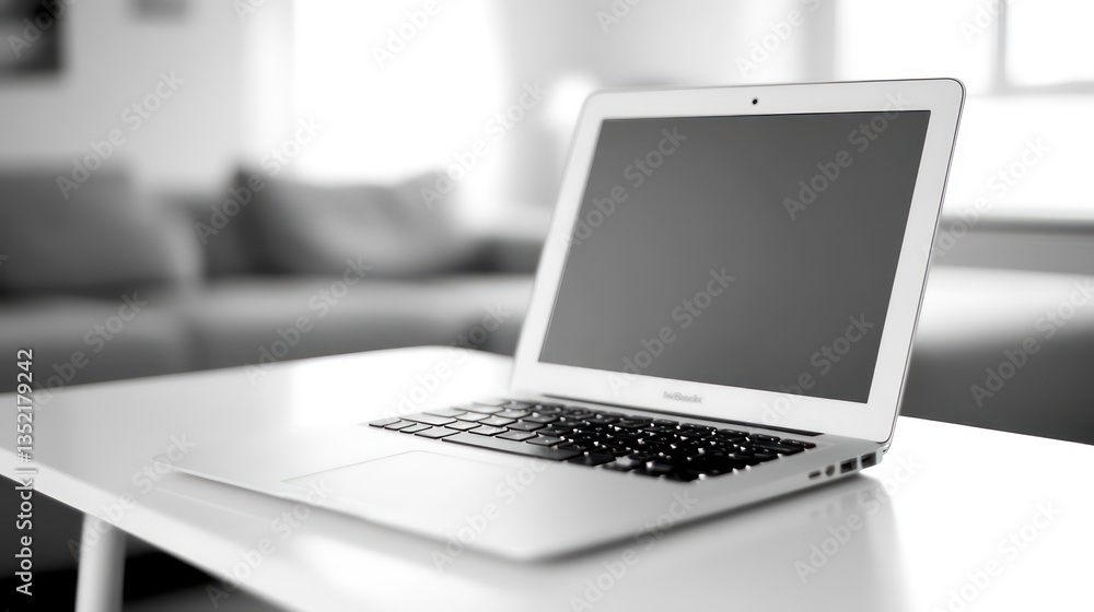 Modern laptop on white table in a home office, suitable for productivity images, showcasing technology Modern laptop on white table in a home office, suitable for productivity images, showcasing technology