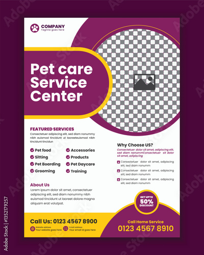 Pet shop and clinic print flyer template. Pet Care and Adoption Concept A4 Flyer design