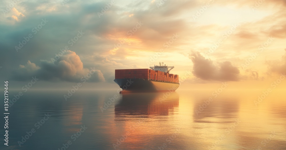 Obraz premium Container Ship Sailing on Calm Water During Golden Hour with Cloudy Sky
