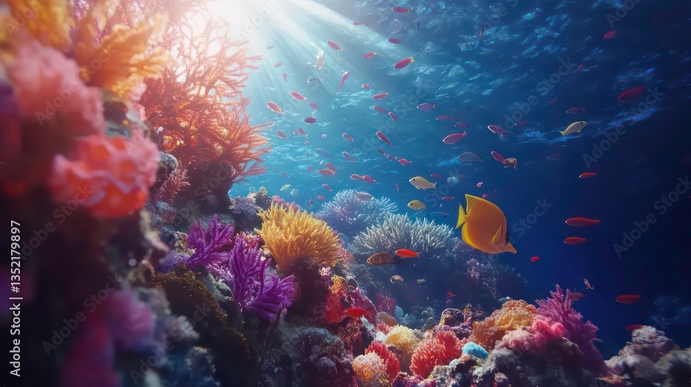 Fototapeta premium Underwater coral reef teeming with colorful fish. Sunlight rays. Possible use Educational material, Nature photography