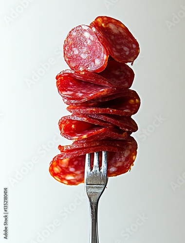 Stack of Spicy Salami Slices on Fork Against White Background