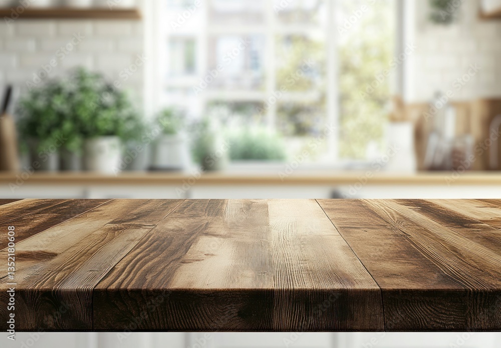 Rustic Wooden Tabletop in Bright Kitchen Interior with Blurry Background Rustic Wooden Tabletop in Bright Kitchen Interior with Blurry Background