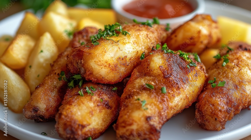 Crispy golden fried chicken served with savory potato wedges and zesty dipping sauce evokes the essence of comfort food bliss Crispy golden fried chicken served with savory potato wedges and zesty dipping sauce evokes the essence of comfort food bliss