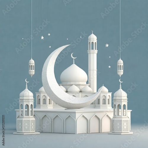 3d isometric mosque sunset sky moon holy night Islamic night and silhouette mosque Islamic wallpaper