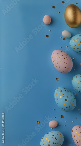 Colorful Decorated Eggs and Shiny Confetti on a Blue Background for Festive C...