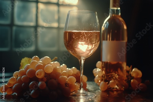 Elegant Glass of Wine Beside Fresh Grapes in a Cozy Wine Bar During Golden Hour