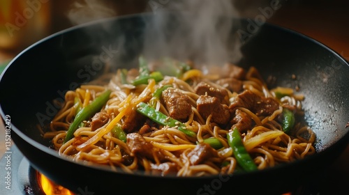 Stir-fry with soba noodles, beef and vegetables with soy sauce and chopsticks. Asian healthy food concept.