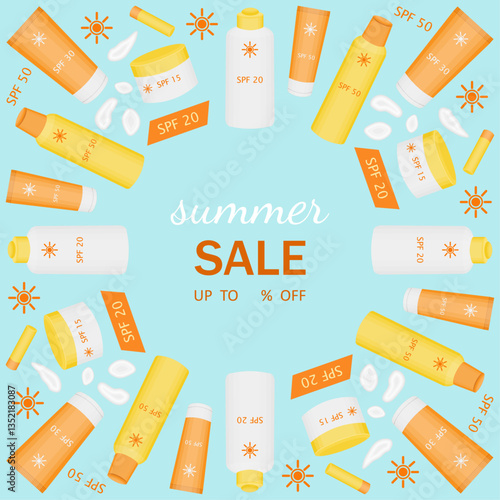Summer background with sun protection products. Vector illustration. Square frame with text summer sale on blue background. Sunscreen for face and body with SPF and UV. Lip balm and cream smears.