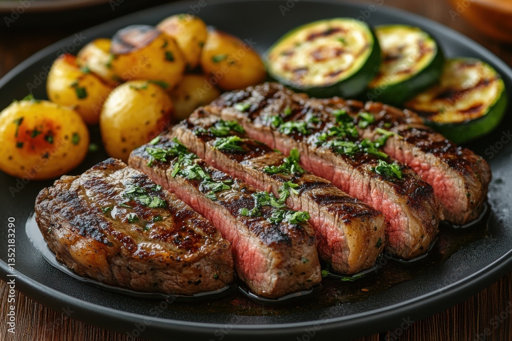 Deliciously grilled beef steak served with roasted zucchini and herbed sauce, perfect for a gourmet dining experience on an oak table Deliciously grilled beef steak served with roasted zucchini and herbed sauce, perfect for a gourmet dining experience on an oak table