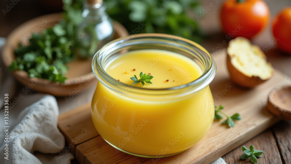A jar of homemade beef fat mayonnaise with fresh herbs on a wooden surface. A jar of homemade beef fat mayonnaise with fresh herbs on a wooden surface.