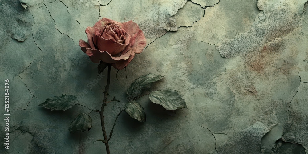 A single rose blooms gracefully against a weathered backdrop of cracks