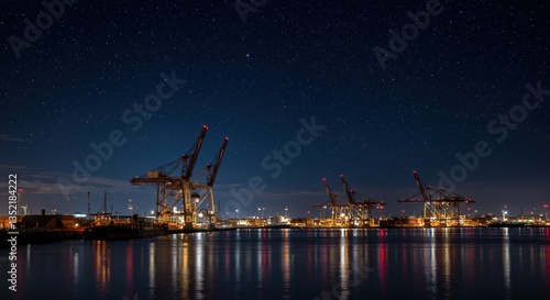 Cargo Cranes at Night Reflecting in Water Under a Starry Sky