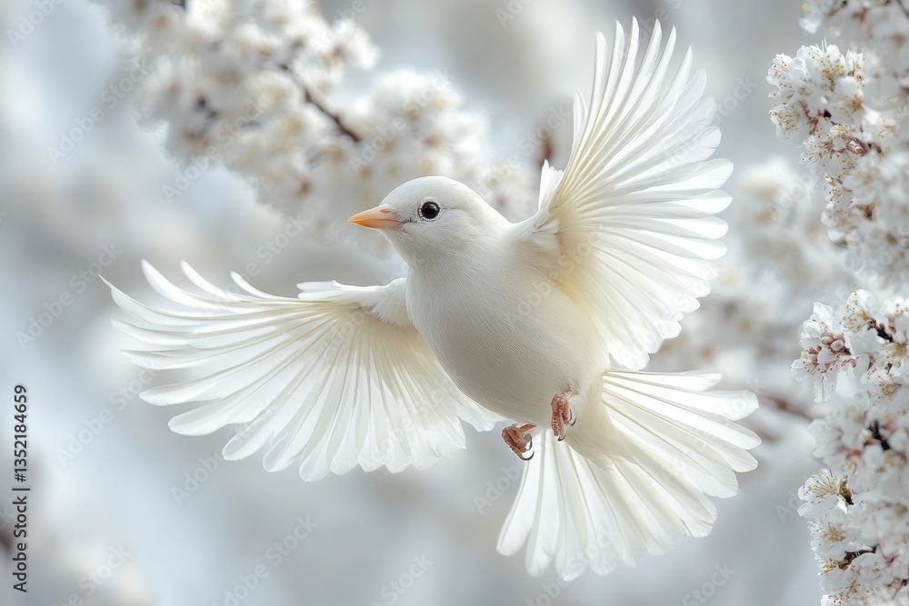 A graceful white dove spreads its wings amidst blooming cherry blossoms, symbolizing peace and tranquility in nature's beauty. A graceful white dove spreads its wings amidst blooming cherry blossoms, symbolizing peace and tranquility in nature's beauty.