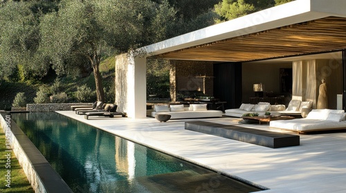 Modern luxury villa exterior with pool and outdoor living area.
