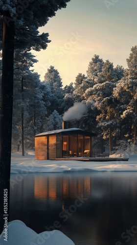 Cozy Cabin by the Lake in a Snowy Forest During Winter Twilight