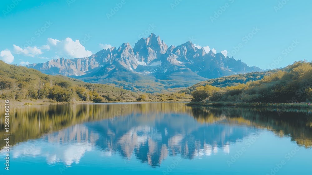 Serene mountain lake reflecting majestic peaks under a clear sky Serene mountain lake reflecting majestic peaks under a clear sky