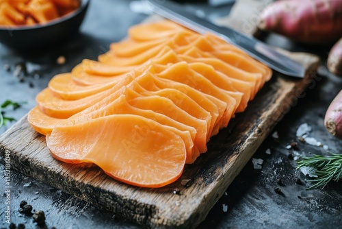 Sliced Root Vegetables on Wooden Board With Knife and Sweet Potatoes in Backg...
