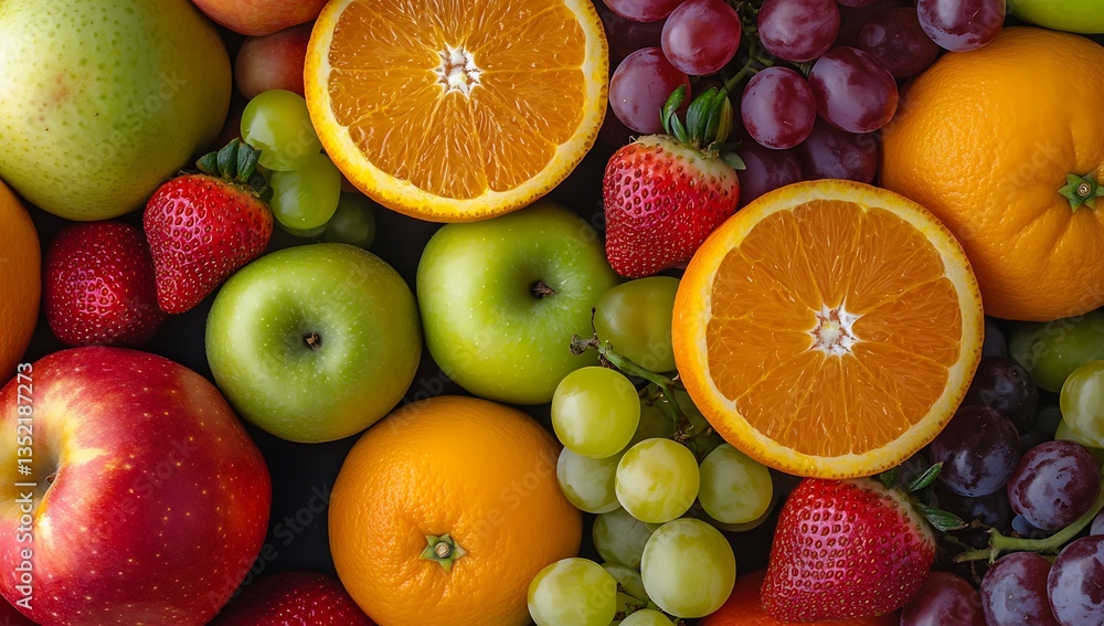 Fresh Assortment of Sliced Fruits Including Apples, Oranges, Grapes, and Strawberries Fresh Assortment of Sliced Fruits Including Apples, Oranges, Grapes, and Strawberries