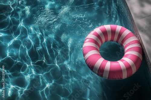 Colorful Pool Float Resting Beside Clear Water in Bright Sunlight During Summ...