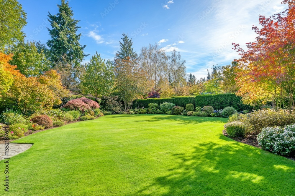 Lush Green Lawn Surrounded by Vibrant Trees and Colorful Flowering Shrubs in Autumn Season Lush Green Lawn Surrounded by Vibrant Trees and Colorful Flowering Shrubs in Autumn Season