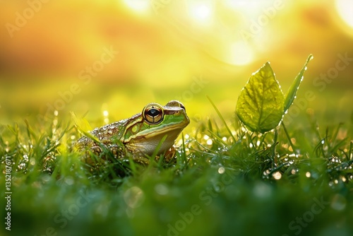 Frog Resting in Dew-Covered Grass During Sunset in a Serene Natural Setting