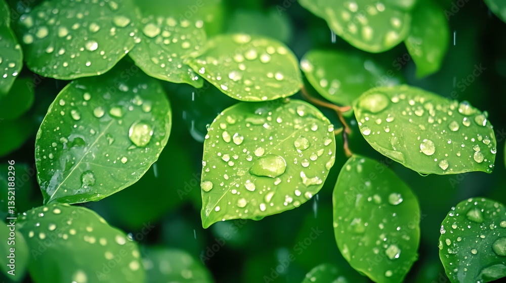 Close-up shot of vibrant green leaves covered in water droplets, showcasing natural beauty and freshness. Raindrops glistening on leaf surfaces enhance the visual appeal. Close-up shot of vibrant green leaves covered in water droplets, showcasing natural beauty and freshness. Raindrops glistening on leaf surfaces enhance the visual appeal.