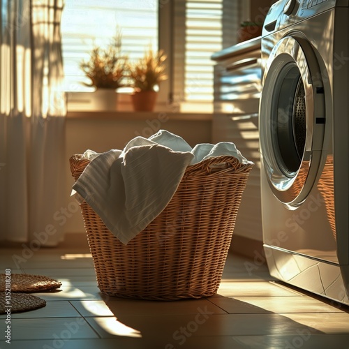 Sunlight Streams Through Window Onto Laundry Basket Beside Washing Machine in...