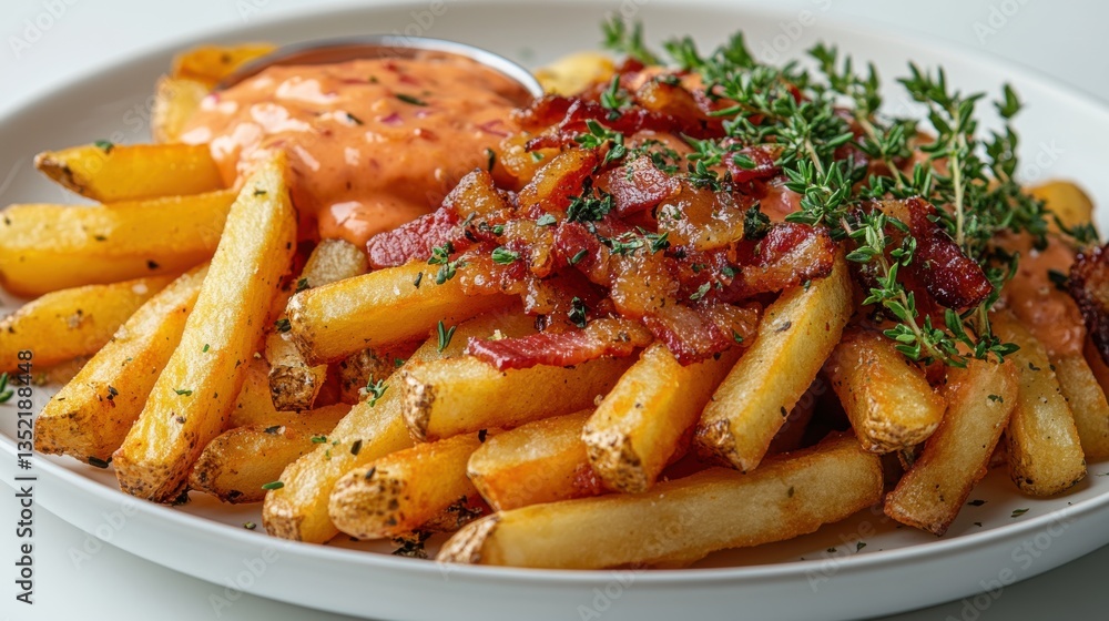 Deliciously crispy French fries topped with savory bacon and vibrant pink orange sauce on a pristine white plate showcasing culinary creativity Deliciously crispy French fries topped with savory bacon and vibrant pink orange sauce on a pristine white plate showcasing culinary creativity