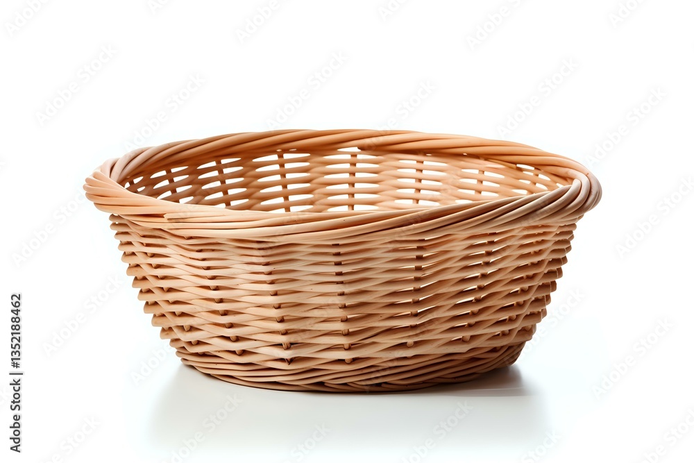 Empty woven wicker basket with round shape isolated on white background, traditional handcrafted storage container for bread, fruits or decorative use. Empty woven wicker basket with round shape isolated on white background, traditional handcrafted storage container for bread, fruits or decorative use.
