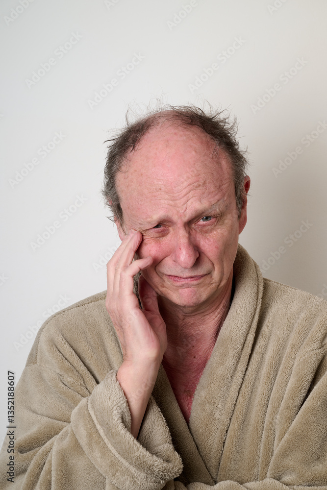 Old man beige bathrobe and tousled hair