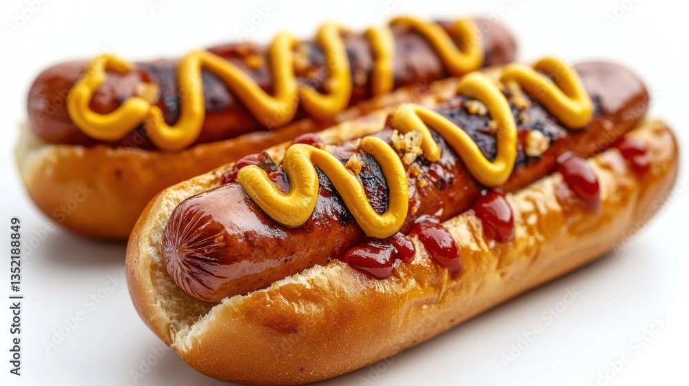 Delicious hotdog topped with vibrant ketchup and mustard ready to satisfy cravings on a simple white backdrop Delicious hotdog topped with vibrant ketchup and mustard ready to satisfy cravings on a simple white backdrop