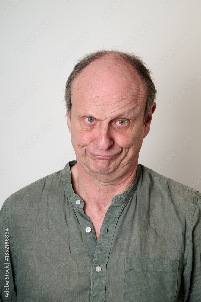 Old man in green shirt make a ugly face in front of camera