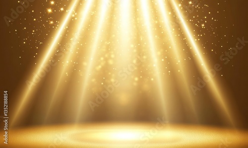 Golden Light Rays and Sparkling Glitter Falling on a Golden Surface