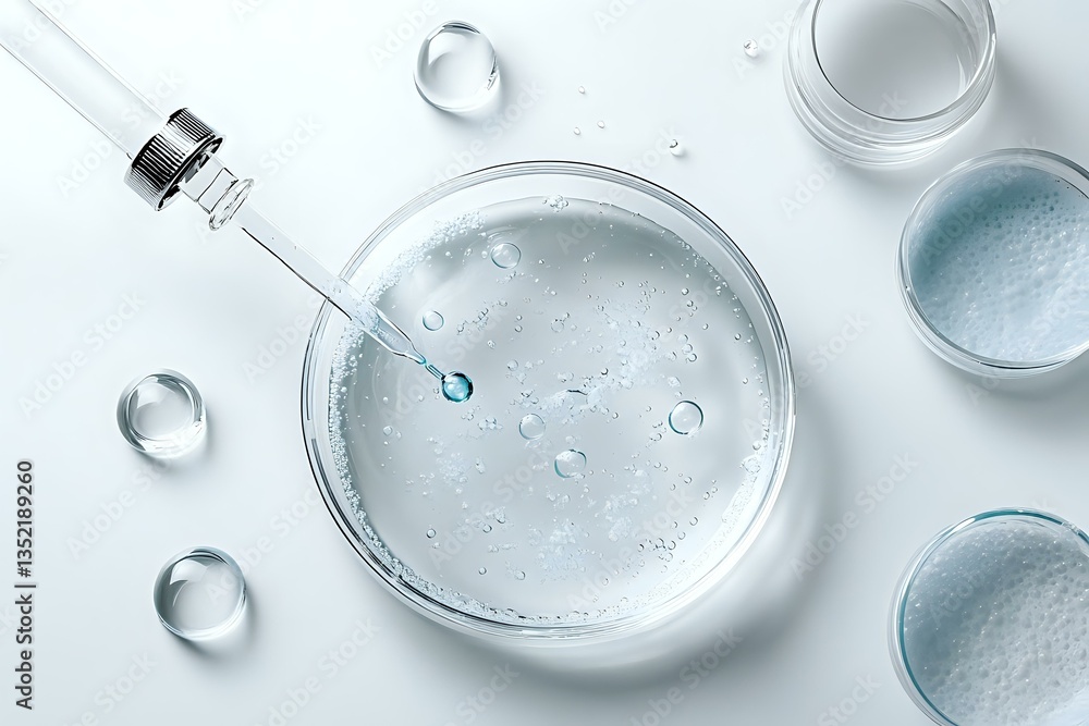 Cosmetic serum drop falling into glass petri dish with clear liquid, surrounded by water drops and laboratory glassware on white background. Professional skincare concept. Cosmetic serum drop falling into glass petri dish with clear liquid, surrounded by water drops and laboratory glassware on white background. Professional skincare concept.