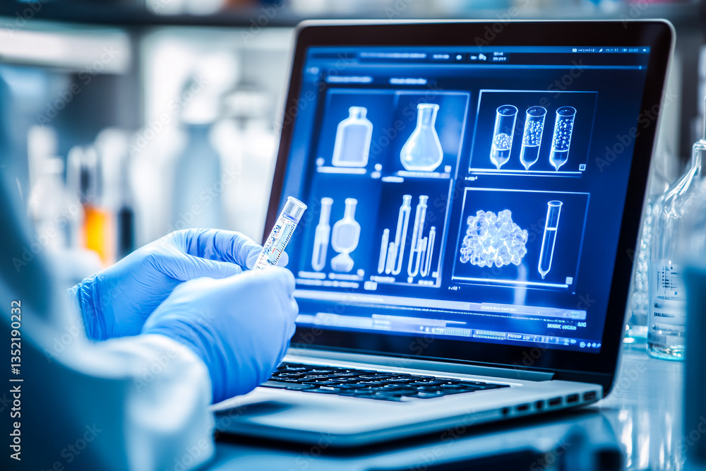 Fototapeta premium Médecin tenant une pipette devant un ordinateur portable affichant des résultats