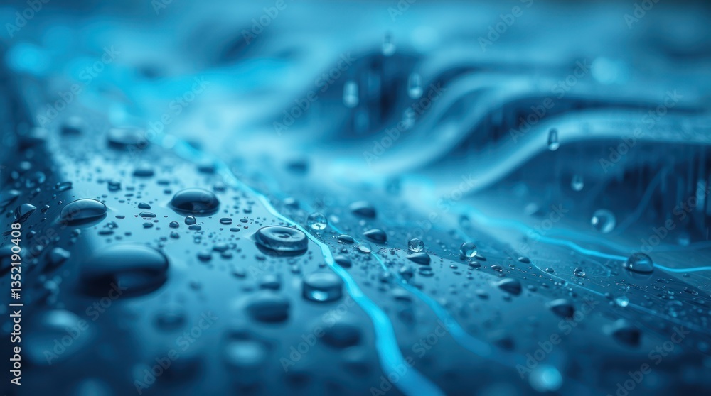Blue water droplets on smooth surface, abstract background, for design Blue water droplets on smooth surface, abstract background, for design