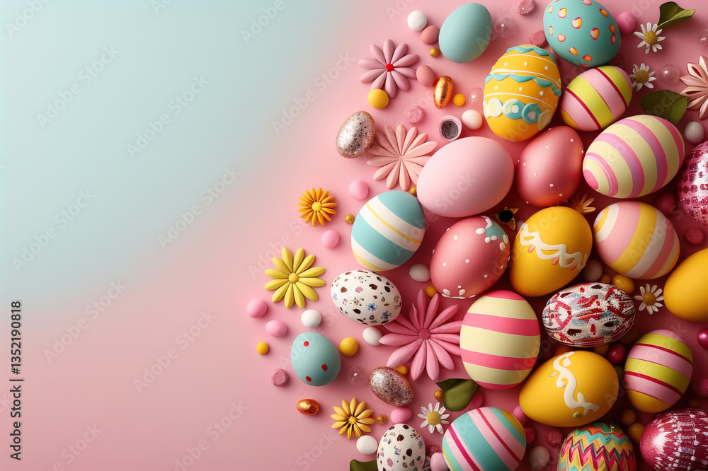 Colorful Easter eggs arranged in symmetrical pattern on pastel pink background, overhead flat lay composition Colorful Easter eggs arranged in symmetrical pattern on pastel pink background, overhead flat lay composition